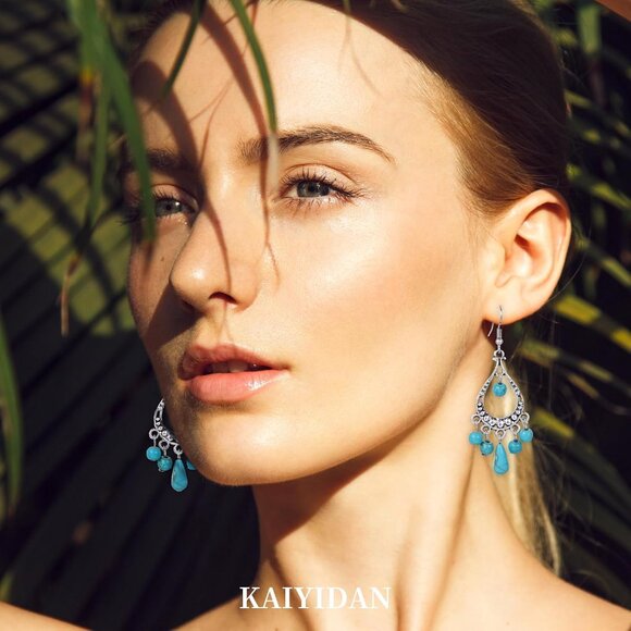 Teardrop Turquoise Tassels Vintage Long Summer Earring for Women Jewelry - Picture 2 of 8